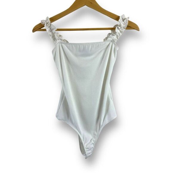21 Saints Women's S Ruffle Strap Ribbed Bodysuit White Elevated Basic Coquette - Picture 1 of 7